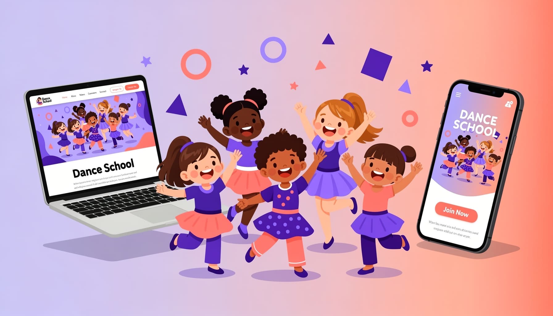 Cartoon illustration of children dancing with a dance school website